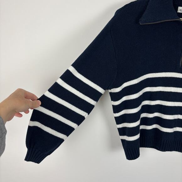 Hollister Chunky Ribbed Oversized Half Zip Sweater navy blue white stripe Medium - Picture 6 of 9